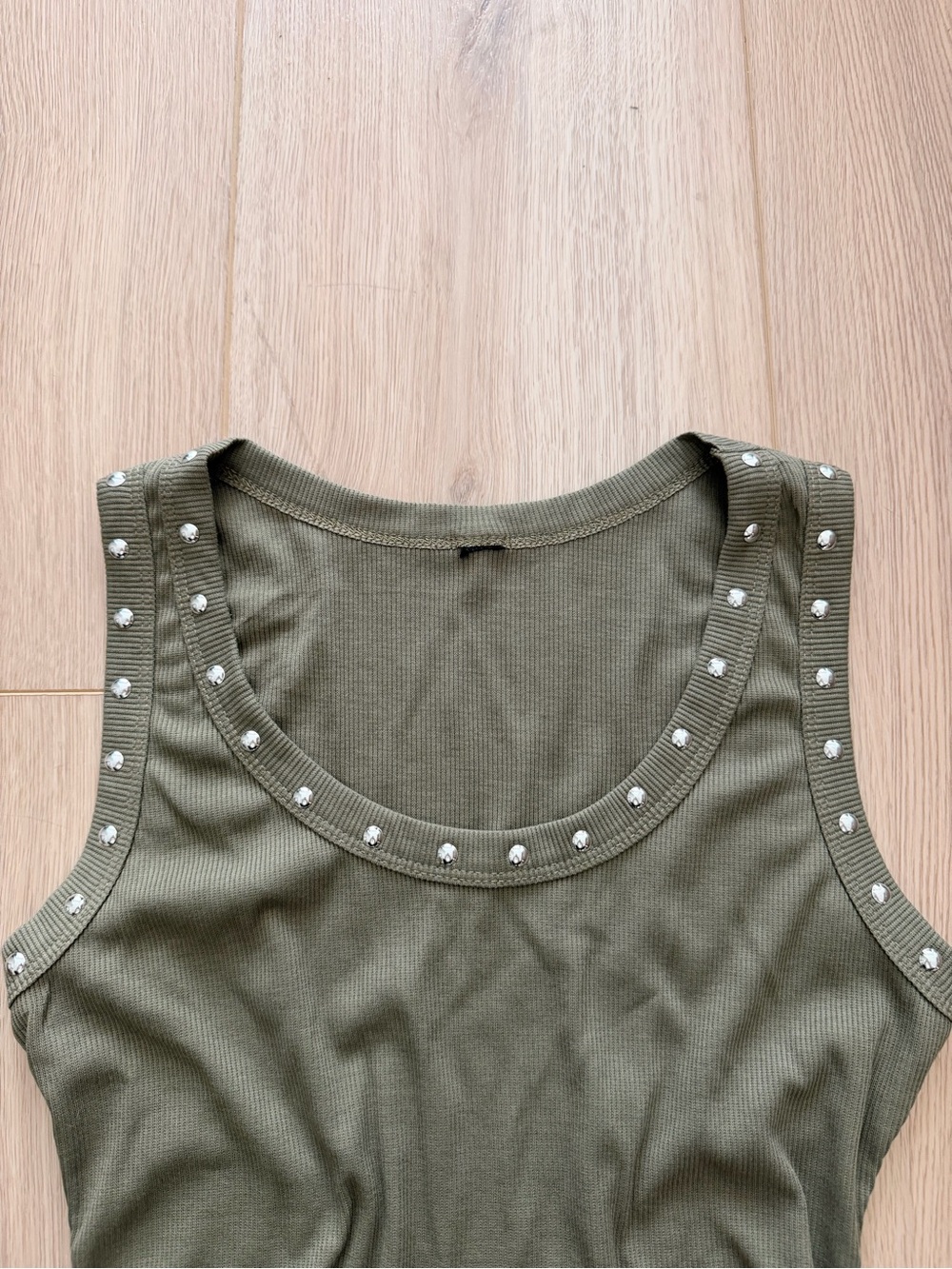 LIKE NEW Women’s Olive Tank Top with Stud Trim - Picture 2 of 3